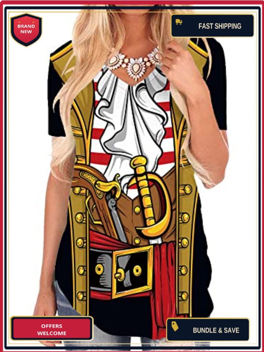 KYKU Pirate T-Shirt Women V-Neck Short Sleeve Halloween Costume Top